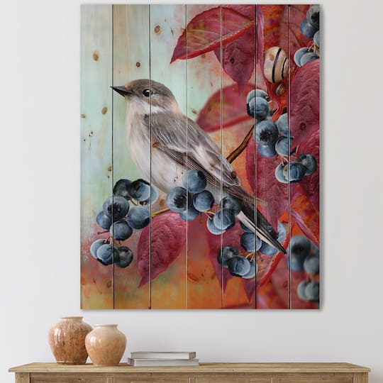 Designart - Little Gray Bird On Red Autumn On Blueberry Twig - Traditional Print on Natural Pine Wood